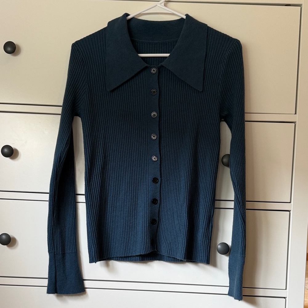 Navy Blue Ribbed Button-Up Women's Top